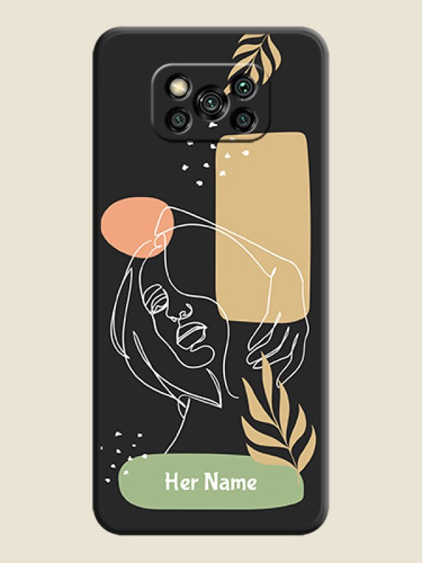 Custom Custom Text With Line Art Of Women & Leaves Design On Space Black Personalized Soft Matte Phone Covers -Poco X3 - alternate view