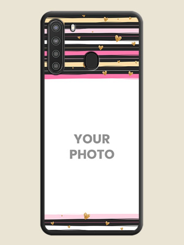 Custom Multicolor Lines and Golden Love Symbols Design on Photo on Space Black Soft Matte Mobile Cover - Galaxy A21 - alternate view