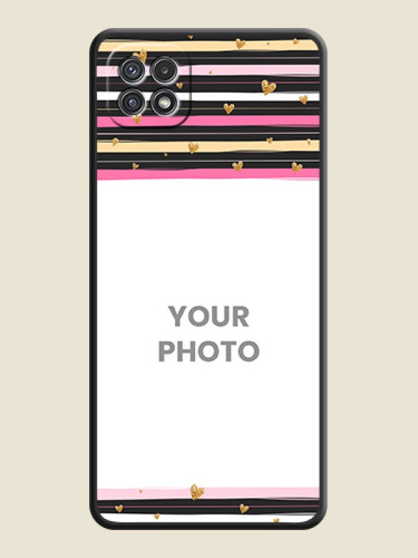 Custom Multicolor Lines and Golden Love Symbols Design on Photo on Space Black Soft Matte Mobile Cover - Galaxy A22 5G - alternate view