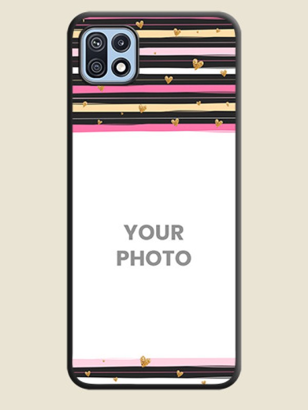 Custom Multicolor Lines and Golden Love Symbols Design on Photo on Space Black Soft Matte Mobile Cover - Galaxy F42 5G - alternate view