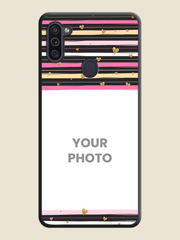 Custom Multicolor Lines and Golden Love Symbols Design on Photo on Space Black Soft Matte Mobile Cover - Galaxy M11 - alternate view