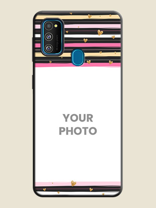 Custom Multicolor Lines and Golden Love Symbols Design - Photo on Space Black Soft Matte Mobile Cover - Galaxy M21 - alternate view