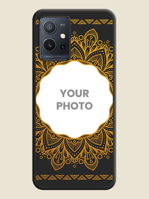 Custom Round Image with Floral Design on Photo on Space Black Soft Matte Mobile Cover - Vivo T1 5G - alternate view