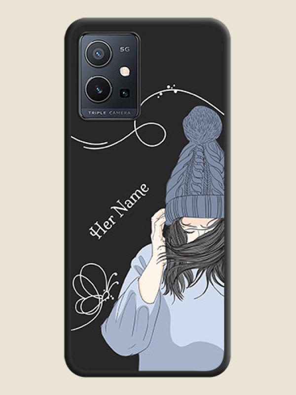 Custom Girl With Blue Winter Outfiit Custom Text Design On Space Black Personalized Soft Matte Phone Covers -Vivo T1 5G - alternate view