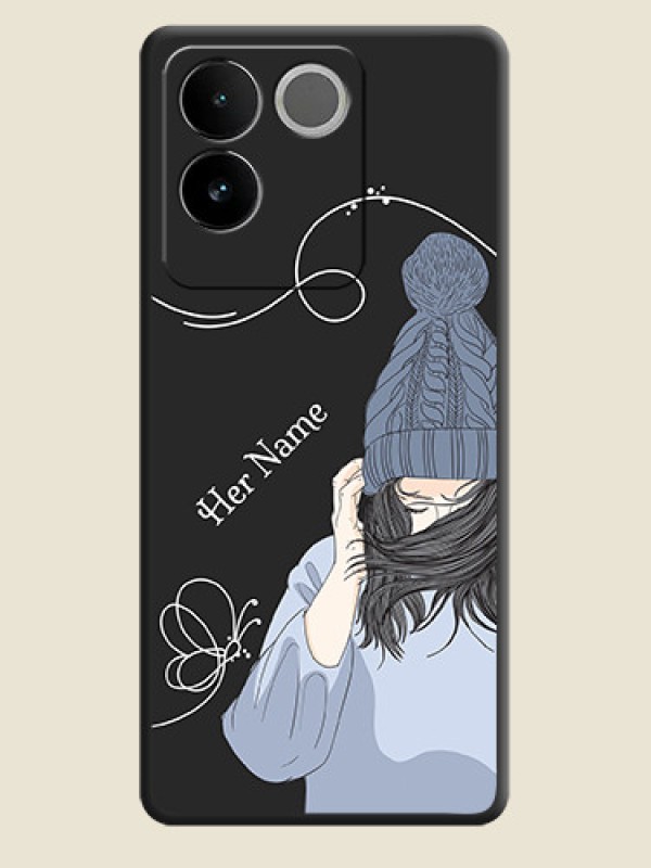 Custom Girl With Blue Winter Outfiit Custom Text Design On Space Black Custom Soft Matte Mobile Back Cover - Vivo T2 Pro 5G - alternate view