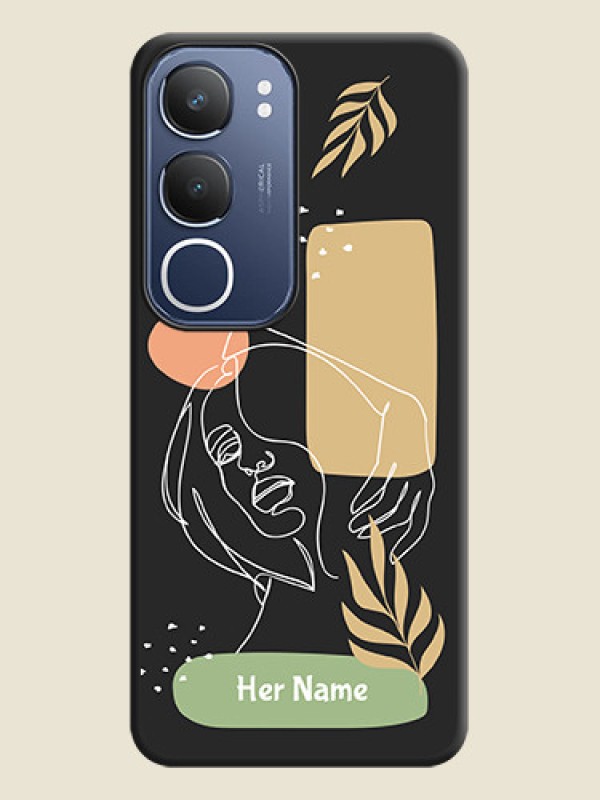 Custom Custom Text With Line Art Of Women & Leaves Design On Space Black Custom Soft Matte Mobile Back Cover - Vivo T4 Lite - alternate view