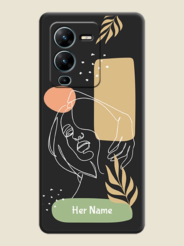 Custom Custom Text With Line Art Of Women & Leaves Design On Space Black Personalized Soft Matte Phone Covers -Vivo V25 Pro 5G - alternate view