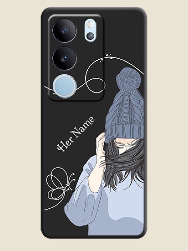 Custom Girl With Blue Winter Outfiit Custom Text Design On Space Black Custom Soft Matte Mobile Back Cover - Vivo V29 5G - alternate view