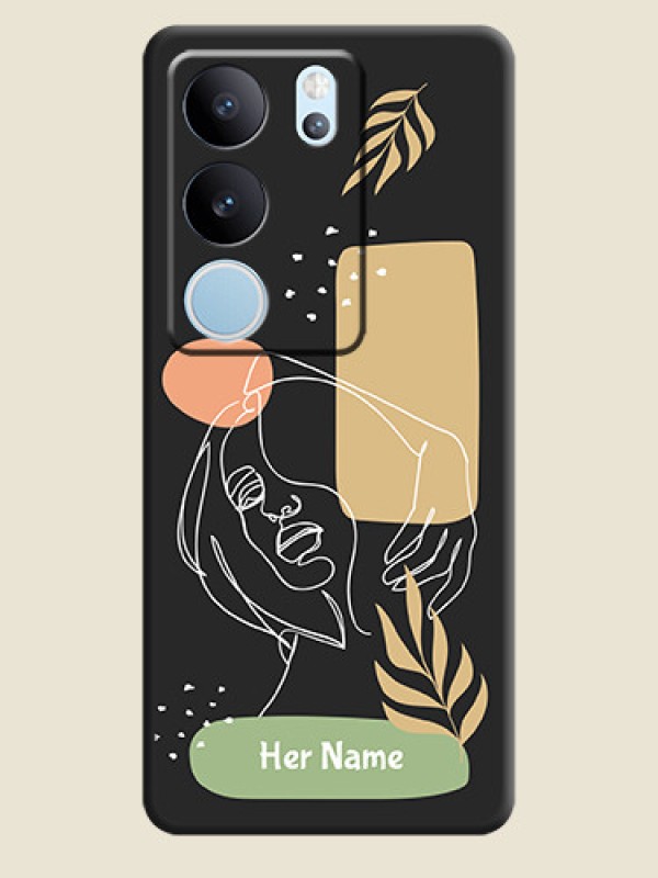Custom Custom Text With Line Art Of Women & Leaves Design On Space Black Custom Soft Matte Mobile Back Cover - Vivo V29 Pro 5G - alternate view