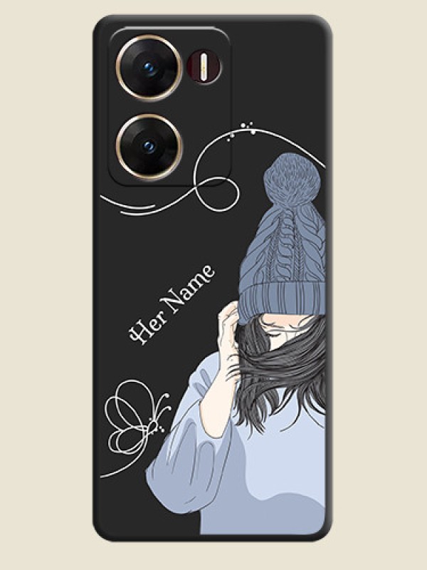 Custom Girl With Blue Winter Outfiit Custom Text Design On Space Black Custom Soft Matte Mobile Back Cover - Vivo V29E 5G - alternate view
