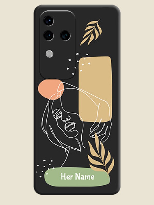 Custom Custom Text With Line Art Of Women & Leaves Design On Space Black Personalized Soft Matte Phone Covers - Vivo V30 Pro 5G - alternate view