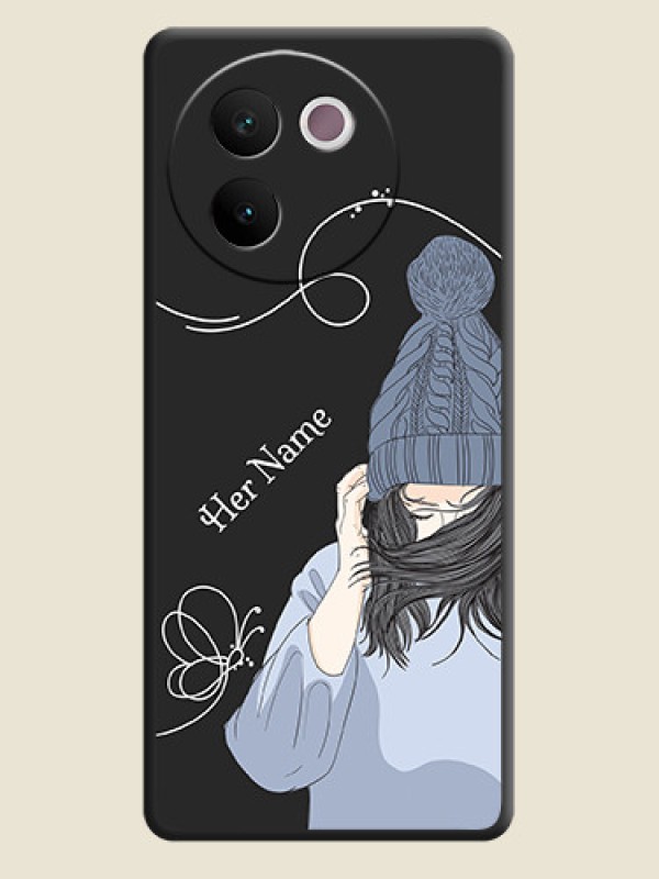 Custom Girl With Blue Winter Outfiit Custom Text Design On Space Black Custom Soft Matte Mobile Back Cover - Vivo V30e 5G - alternate view