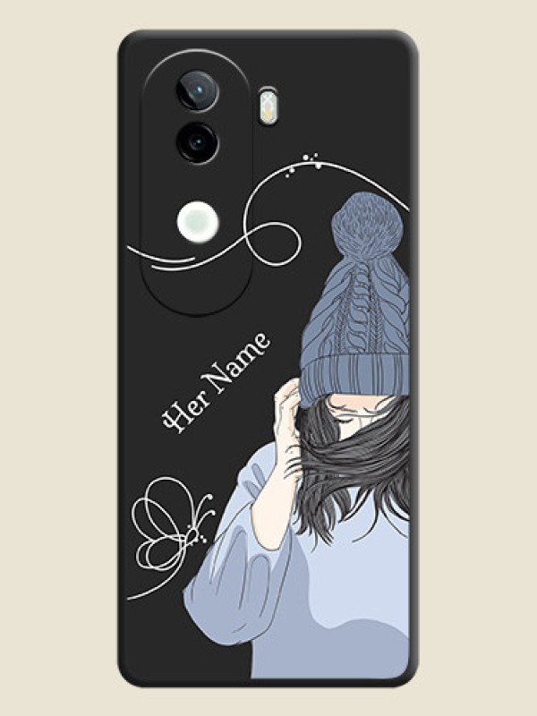 Custom Girl With Blue Winter Outfiit Custom Text Design On Space Black Custom Soft Matte Mobile Back Cover - Vivo V40e 5G - alternate view