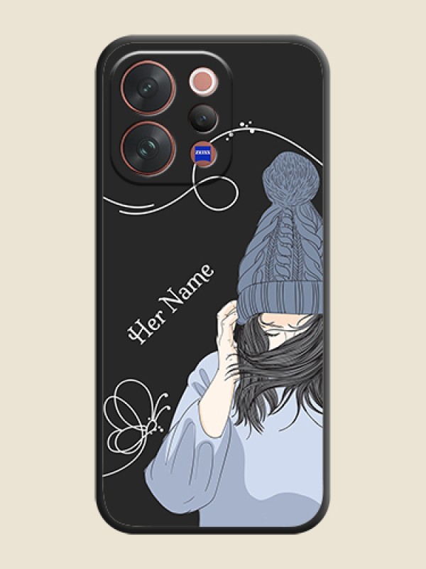 Custom Girl With Blue Winter Outfiit Custom Text Design On Space Black Custom Soft Matte Mobile Back Cover - Vivo V70 5G - alternate view