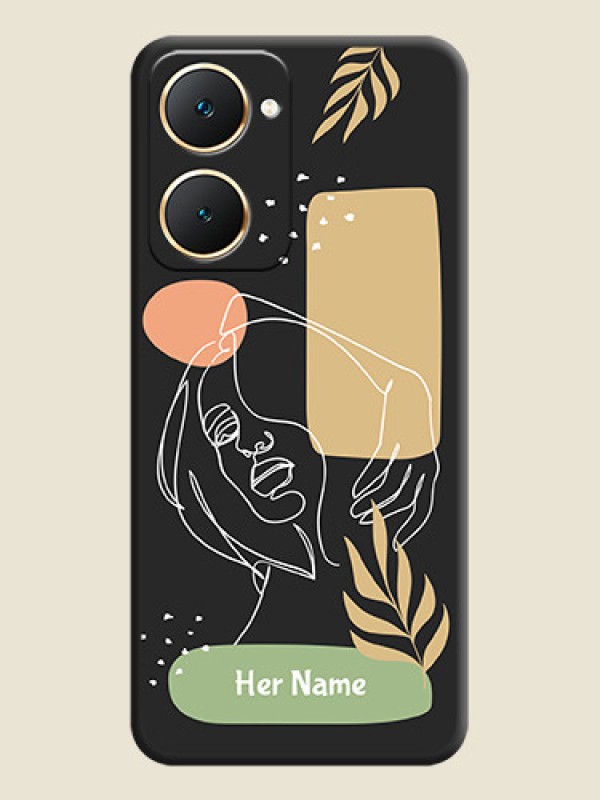 Custom Custom Text With Line Art Of Women & Leaves Design On Space Black Custom Soft Matte Mobile Back Cover - Vivo Y18e - alternate view