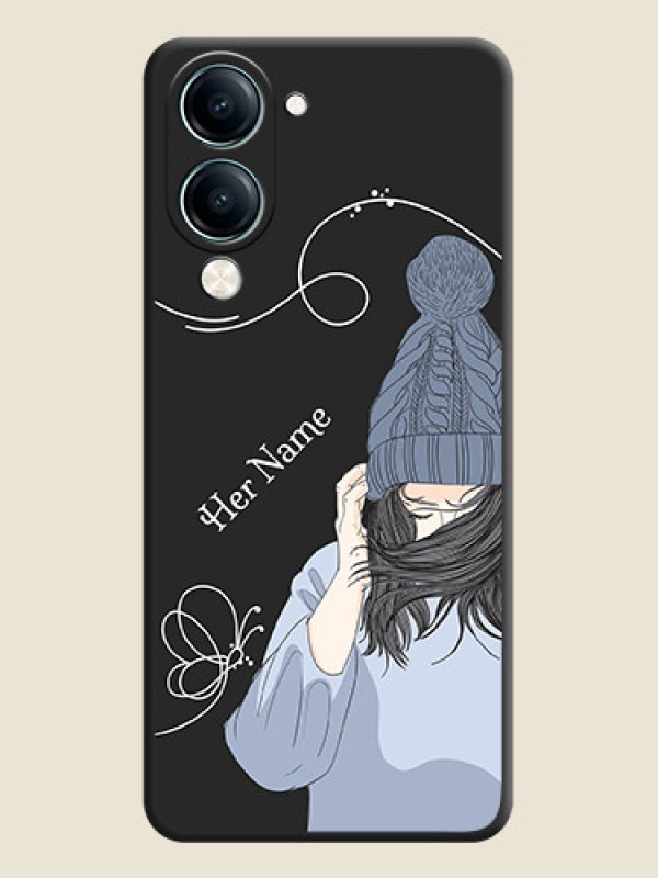 Custom Girl With Blue Winter Outfiit Custom Text Design On Space Black Custom Soft Matte Mobile Back Cover - Vivo Y19s - alternate view
