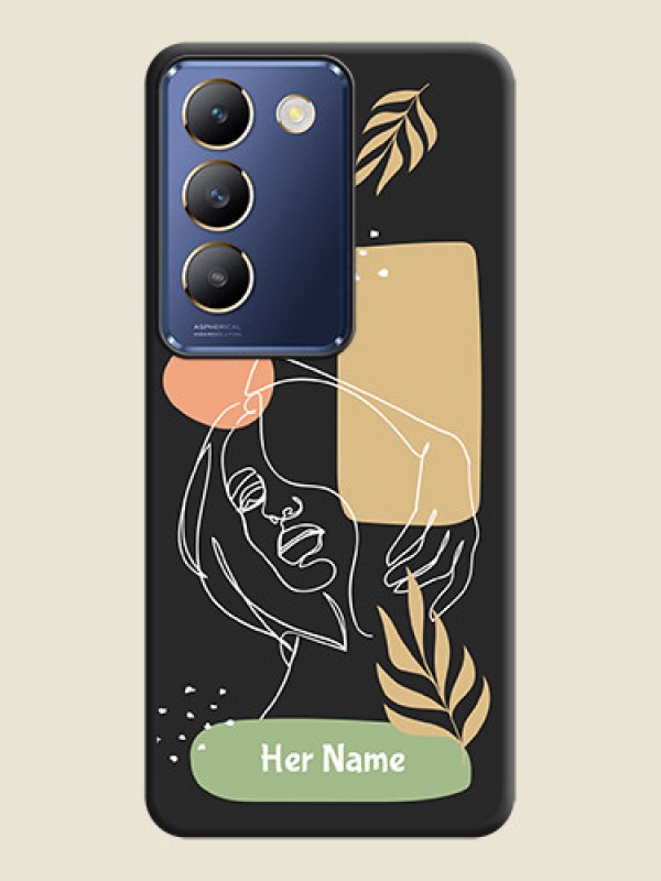 Custom Custom Text With Line Art Of Women & Leaves Design On Space Black Personalized Soft Matte Phone Covers - Vivo Y200E 5G - alternate view