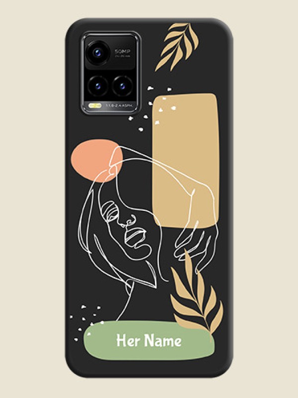 Custom Custom Text With Line Art Of Women & Leaves Design On Space Black Personalized Soft Matte Phone Covers -Vivo Y33S - alternate view