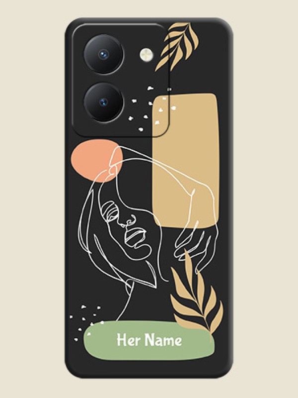 Custom Custom Text With Line Art Of Women & Leaves Design On Space Black Personalized Soft Matte Phone Covers - Vivo Y36 - alternate view
