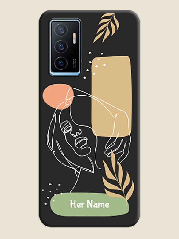 Custom Custom Text With Line Art Of Women & Leaves Design On Space Black Personalized Soft Matte Phone Covers -Vivo Y75 4G - alternate view