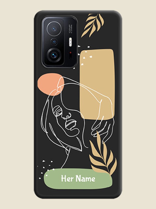 Custom Custom Text With Line Art Of Women & Leaves Design On Space Black Personalized Soft Matte Phone Covers -Xiaomi 11T Pro 5G - alternate view