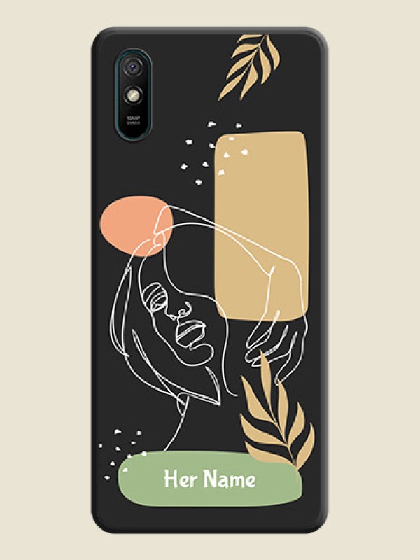 Custom Custom Text With Line Art Of Women & Leaves Design On Space Black Personalized Soft Matte Phone Covers -Xiaomi Redmi 9I - alternate view