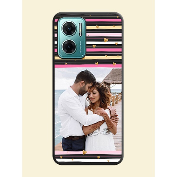 Multicolor Lines and Golden Love Symbols Design on Photo on Space Black Soft Matte Mobile Cover - Xiaomi Redmi 11 Prime 5G Multicolor Lines and Golden Love Symbols Design on Photo on Space Black Soft Matte Mobile Cover - Xiaomi Redmi 11 Prime 5G