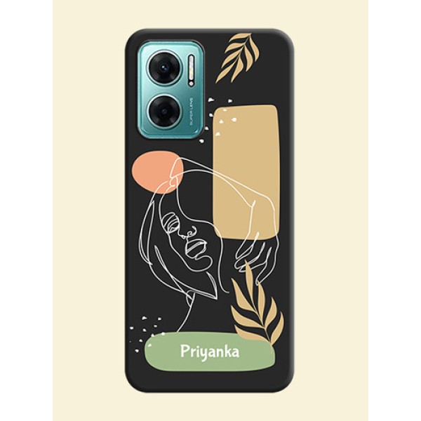 Custom Text With Line Art Of Women & Leaves Design On Space Black Personalized Soft Matte Phone Covers -Xiaomi Redmi 11 Prime 5G