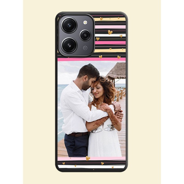Multicolor Lines and Golden Love Symbols Design - Photo on Space Black Soft Matte Mobile Cover - Redmi 12 4G