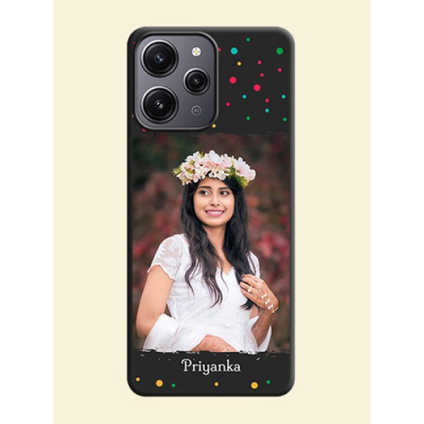 Multicolor Dotted Pattern with Text on Space Black Custom Soft Matte Phone Back Cover - Redmi 12 4G Multicolor Dotted Pattern with Text on Space Black Custom Soft Matte Phone Back Cover - Redmi 12 4G