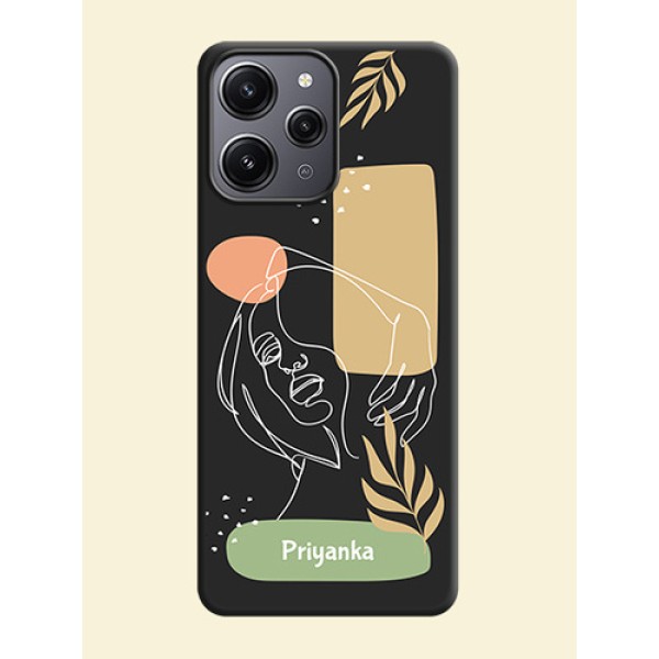 Custom Text With Line Art Of Women & Leaves Design On Space Black Personalized Soft Matte Phone Covers - Redmi 12 4G