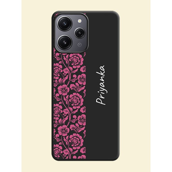 Pink Floral Pattern Design With Custom Text On Space Black Personalized Soft Matte Phone Covers - Redmi 12 4G