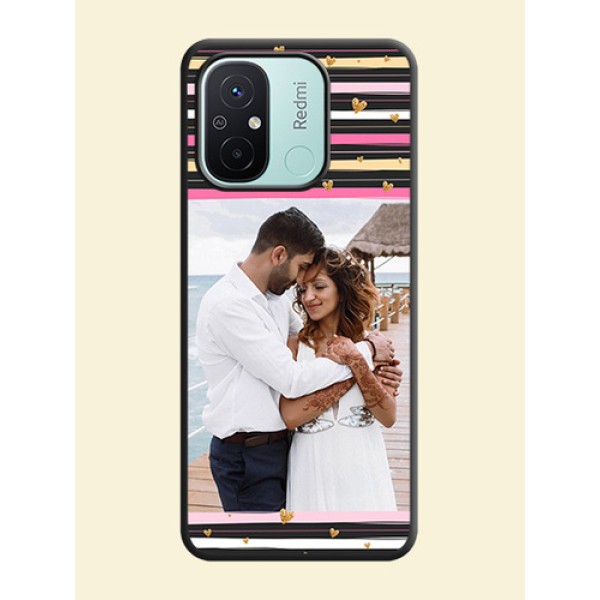 Multicolor Lines and Golden Love Symbols Design on Photo on Space Black Soft Matte Mobile Cover - Redmi 12c Multicolor Lines and Golden Love Symbols Design on Photo on Space Black Soft Matte Mobile Cover - Redmi 12c