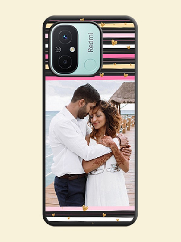 Multicolor Lines and Golden Love Symbols Design on Photo on Space Black Soft Matte Mobile Cover - Redmi 12c