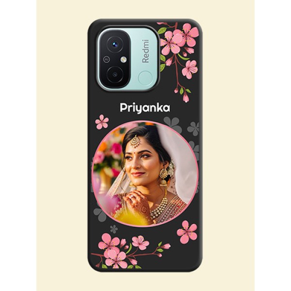 Round Image with Pink Color Floral Design on Photo on Space Black Soft Matte Back Cover - Redmi 12c