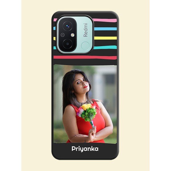 Multicolor Lines with Image on Space Black Personalized Soft Matte Phone Covers - Redmi 12c Multicolor Lines with Image on Space Black Personalized Soft Matte Phone Covers - Redmi 12c