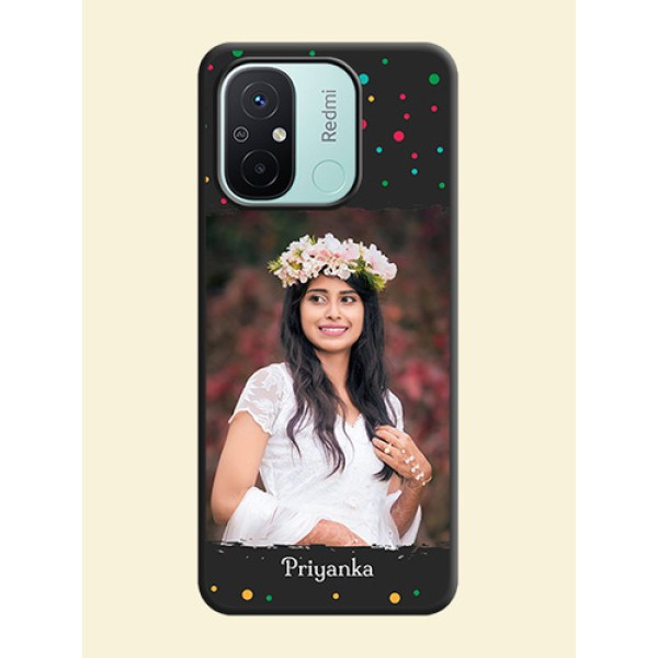 Multicolor Dotted Pattern with Text on Space Black Custom Soft Matte Phone Back Cover - Redmi 12c Multicolor Dotted Pattern with Text on Space Black Custom Soft Matte Phone Back Cover - Redmi 12c