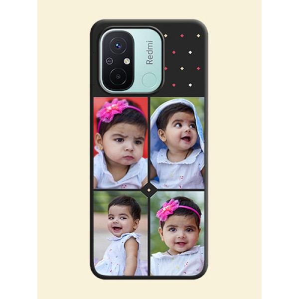 Multicolor Dotted Pattern with 4 Image Holder on Space Black Custom Soft Matte Phone Cases - Redmi 12c Multicolor Dotted Pattern with 4 Image Holder on Space Black Custom Soft Matte Phone Cases - Redmi 12c