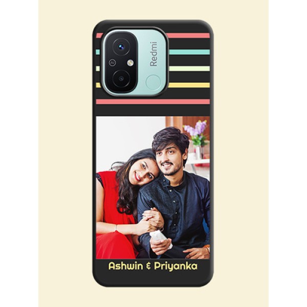 Color Stripes with Photo and Text on Photo on Space Black Soft Matte Mobile Case - Redmi 12c Color Stripes with Photo and Text on Photo on Space Black Soft Matte Mobile Case - Redmi 12c