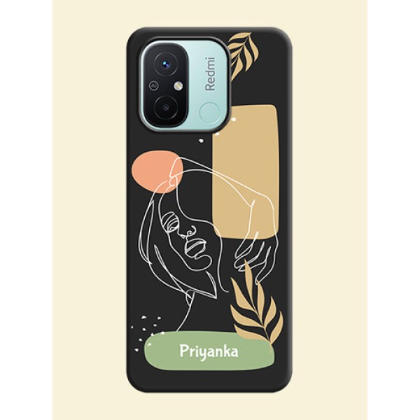 Custom Text With Line Art Of Women & Leaves Design On Space Black Personalized Soft Matte Phone Covers -Xiaomi Redmi 12C