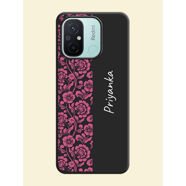Pink Floral Pattern Design With Custom Text On Space Black Personalized Soft Matte Phone Covers -Xiaomi Redmi 12C Pink Floral Pattern Design With Custom Text On Space Black Personalized Soft Matte Phone Covers -Xiaomi Redmi 12C