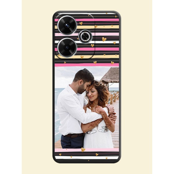 Multicolor Lines and Golden Love Symbols Design on Photo On Space Black Custom Soft Matte Mobile Back Cover - Xiaomi Redmi 13 5G Multicolor Lines and Golden Love Symbols Design on Photo On Space Black Custom Soft Matte Mobile Back Cover - Xiaomi Redmi 13 5G