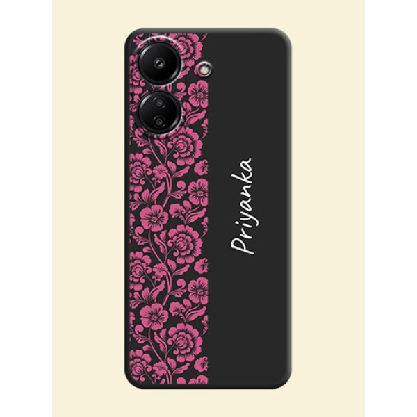 Pink Floral Pattern Design With Custom Text On Space Black Custom Soft Matte Mobile Back Cover - Redmi 13C 4G Pink Floral Pattern Design With Custom Text On Space Black Custom Soft Matte Mobile Back Cover - Redmi 13C 4G