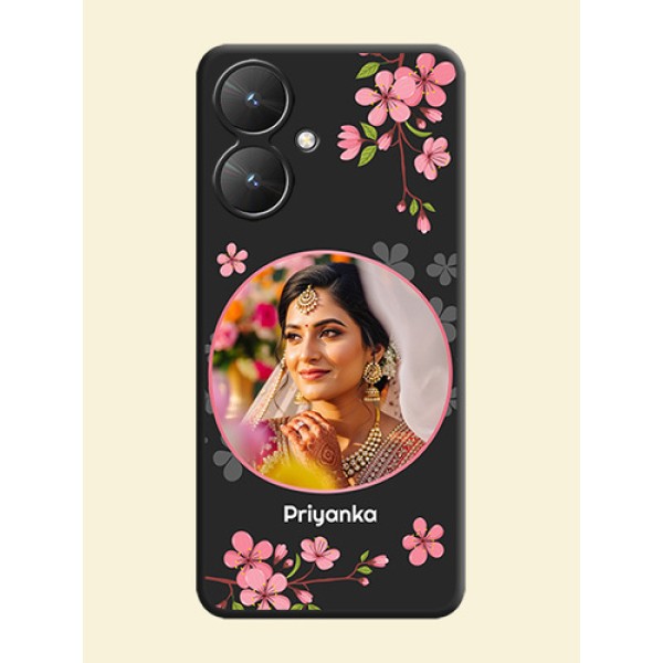 Round Image with Pink Color Floral Design on Photo On Space Black Custom Soft Matte Mobile Back Cover - Redmi 13C 5G Round Image with Pink Color Floral Design on Photo On Space Black Custom Soft Matte Mobile Back Cover - Redmi 13C 5G