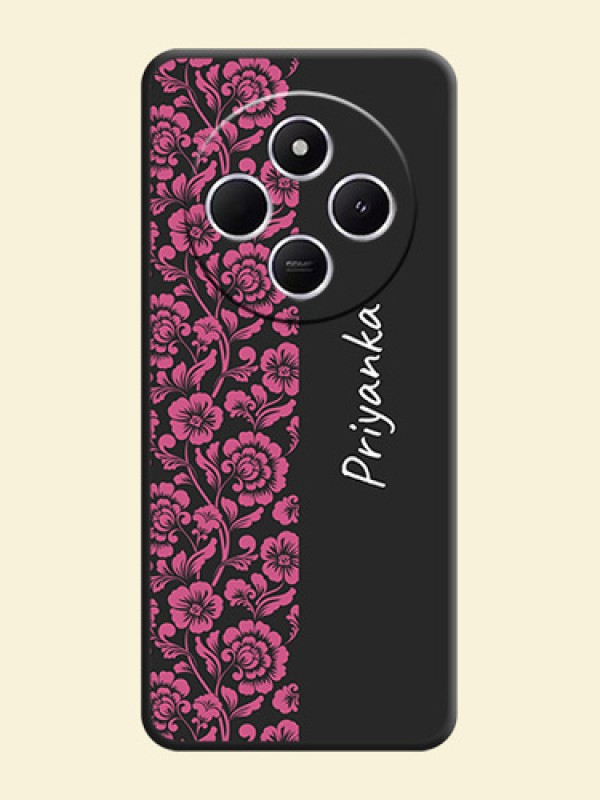 Pink Floral Pattern Design With Custom Text On Space Black Custom Soft Matte Mobile Back Cover - Redmi 14c 5G