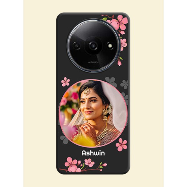 Round Image with Pink Color Floral Design - Photo on Space Black Soft Matte Back Cover - Redmi A3 Round Image with Pink Color Floral Design - Photo on Space Black Soft Matte Back Cover - Redmi A3