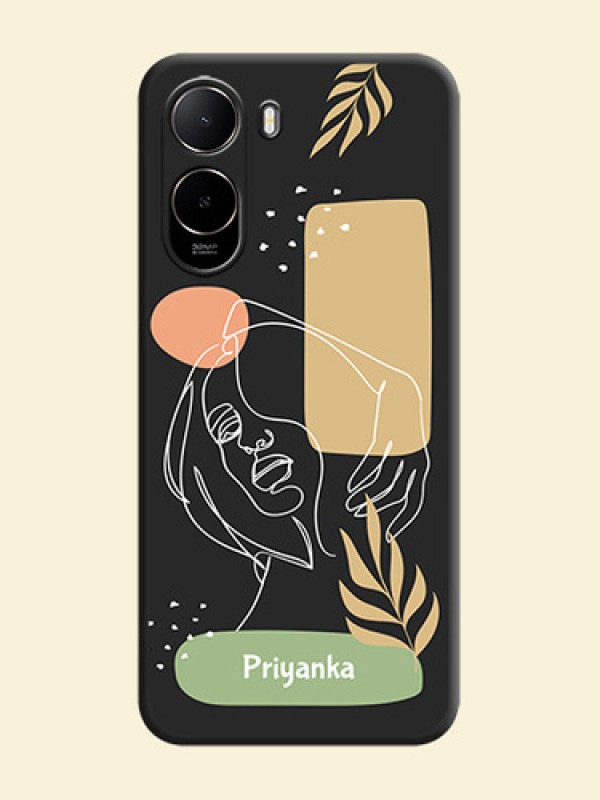 Custom Text With Line Art Of Women & Leaves Design On Space Black Custom Soft Matte Mobile Back Cover - Xiaomi Redmi A7 Pro 5G
