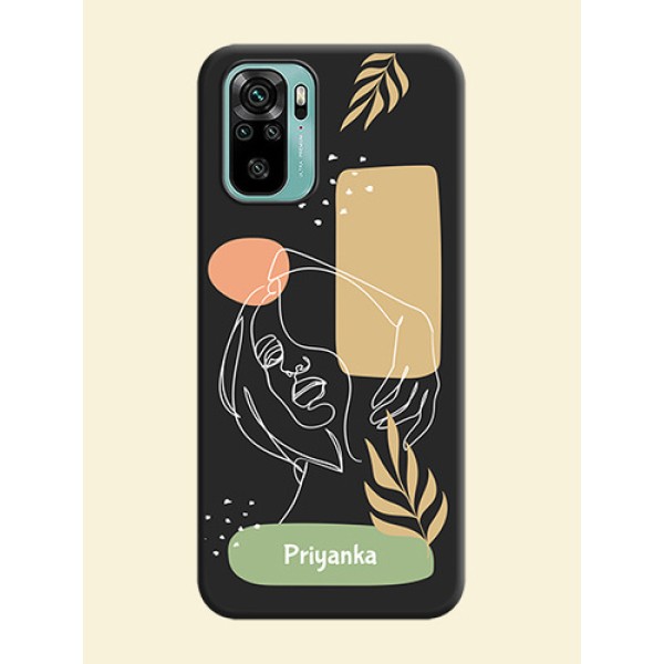 Custom Text With Line Art Of Women & Leaves Design On Space Black Personalized Soft Matte Phone Covers -Xiaomi Redmi Note 10