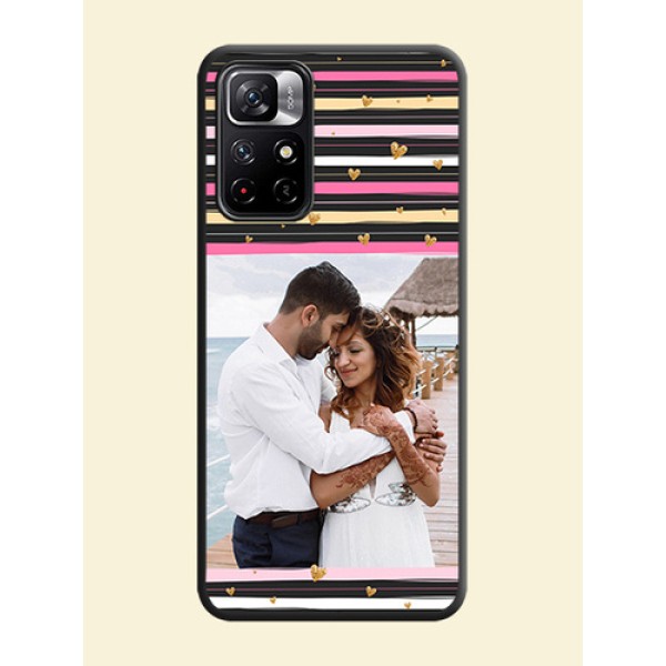 Multicolor Lines and Golden Love Symbols Design on Photo on Space Black Soft Matte Mobile Cover - Redmi Note 11T 5G Multicolor Lines and Golden Love Symbols Design on Photo on Space Black Soft Matte Mobile Cover - Redmi Note 11T 5G