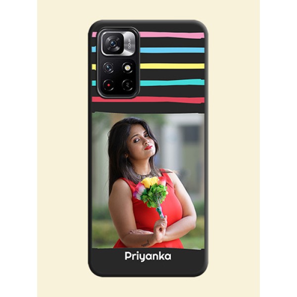 Multicolor Lines with Image on Space Black Personalized Soft Matte Phone Covers - Redmi Note 11T 5G Multicolor Lines with Image on Space Black Personalized Soft Matte Phone Covers - Redmi Note 11T 5G
